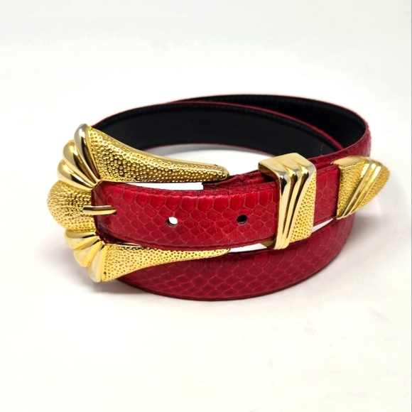 VINTAGE JANA GENUINE SNAKESKIN RED BELT GOLD BUCKLE & END CAP WOMEN LARGE 1980s - Picture 1 of 15